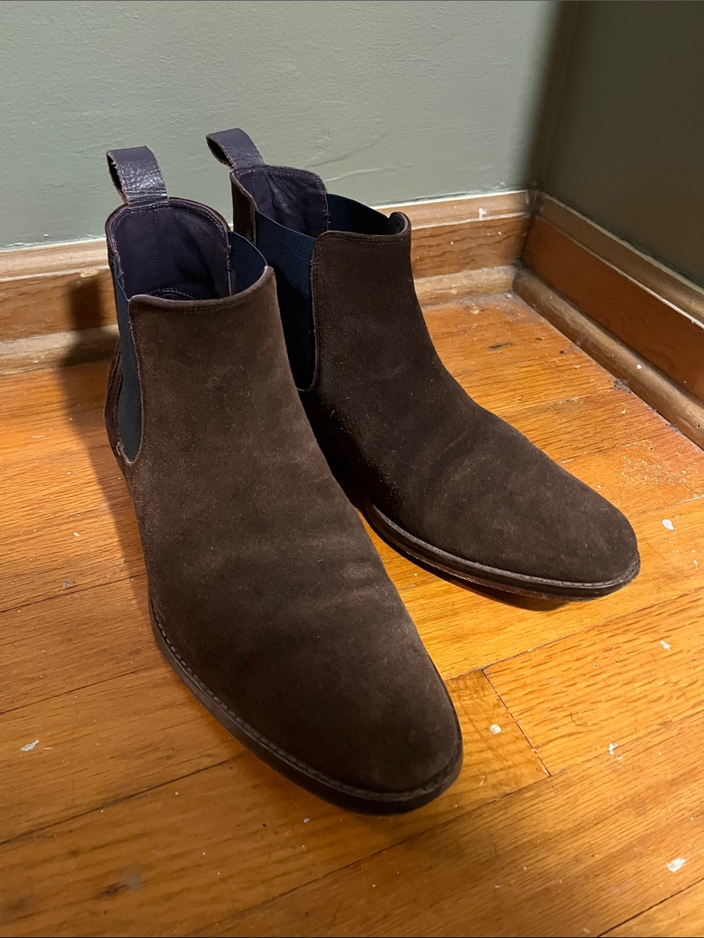 Ted Baker London Dark Brown Suede Chelsea Boots with Navy Elastic